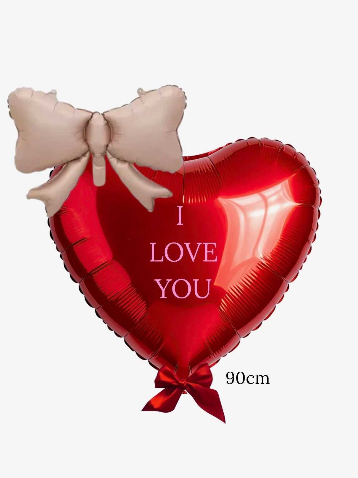 Red heart-shaped balloon with 'I LOVE YOU' text and a beige bow on a white background