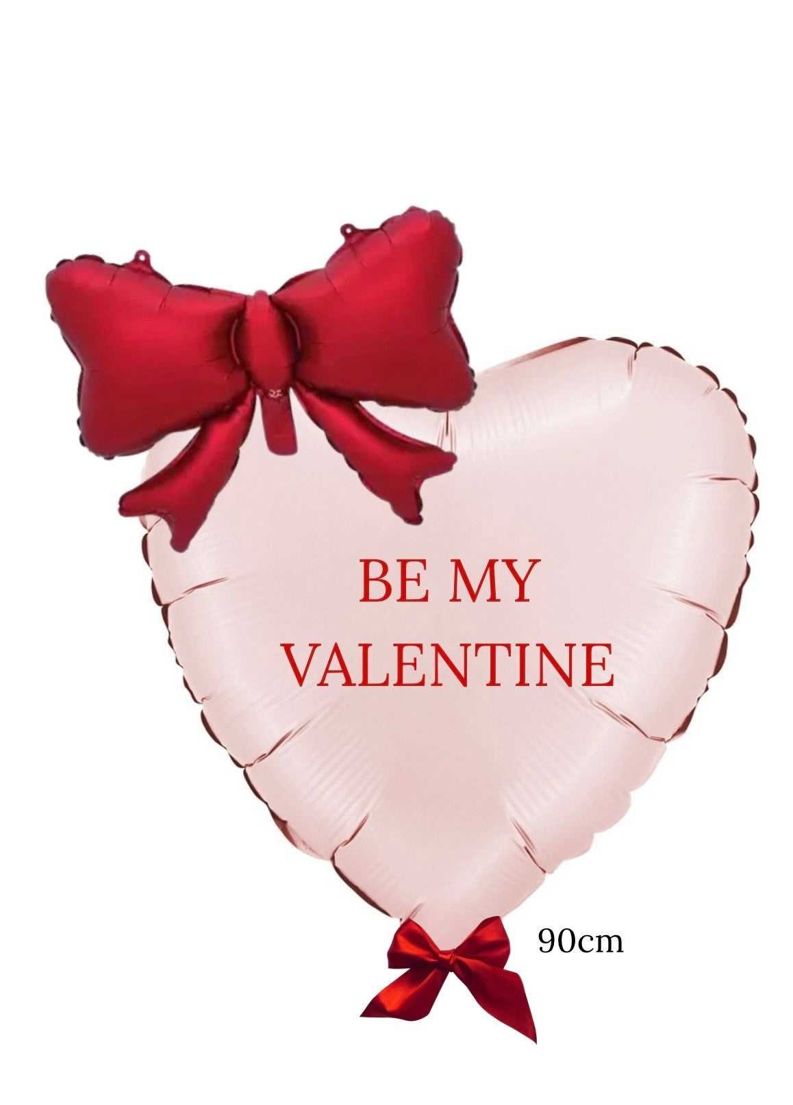 Heart-shaped balloon with red bow and 'Be My Valentine' text on a white background
