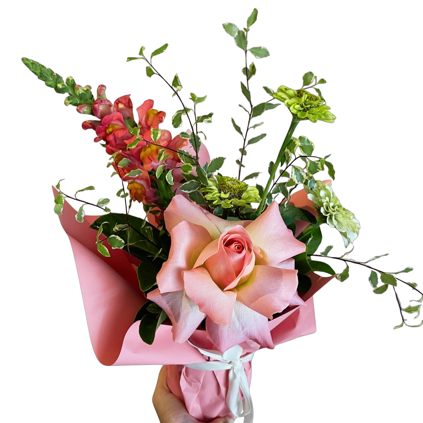 Bouquet of pink roses and greenery wrapped in pink paper on a white background