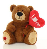 Brown teddy bear holding a red heart with 'Love' written on it against a white background