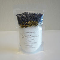 Bag of 'Sweet Dreams' magnesium bath salt with lavender and chamomile on a white background